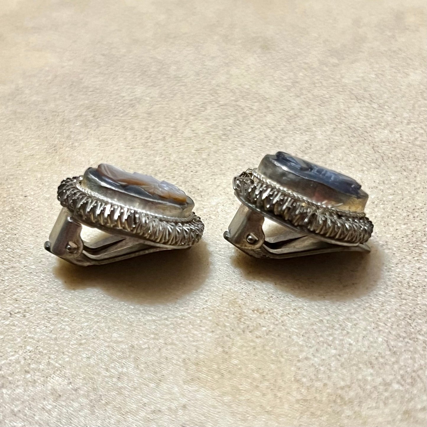 Carved Mother of Pearl Abalone Cameo Vintage Silver Clip Earrings