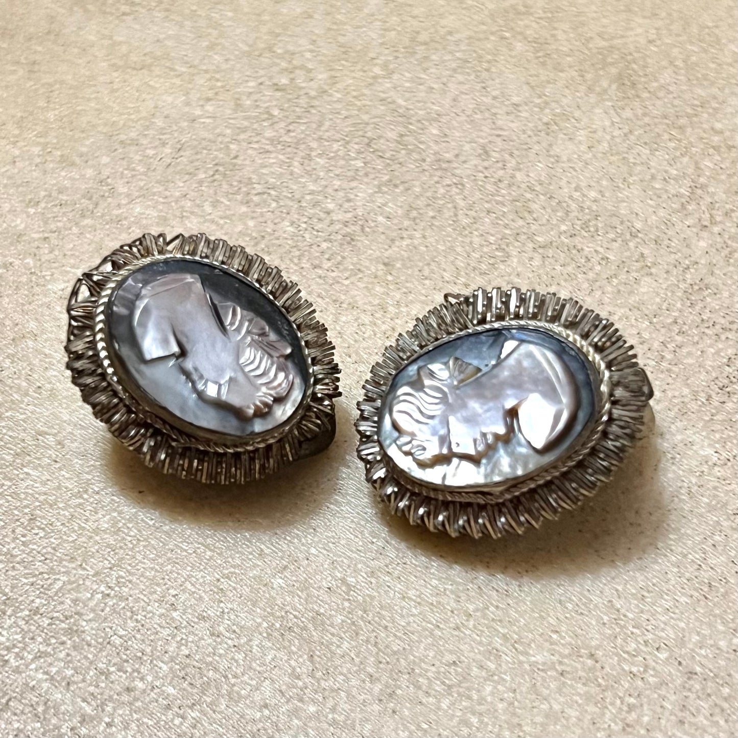 Carved Mother of Pearl Abalone Cameo Vintage Silver Clip Earrings
