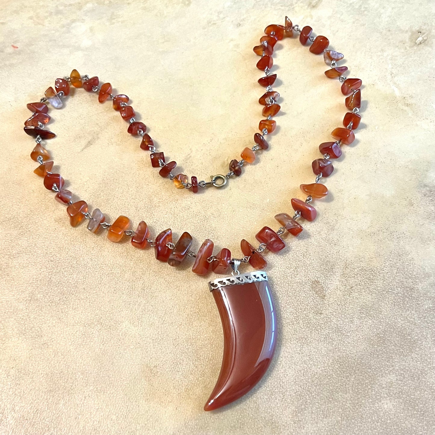 Carnelian Carved Tooth Vintage Wire Wrapped Necklace