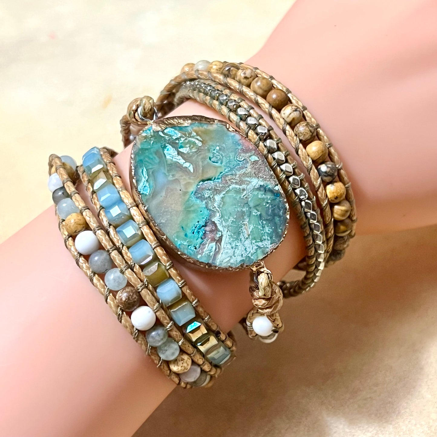 Chrysocolla Gemstone Wrap Bracelet with Jasper, Quartz, & Glass Accents