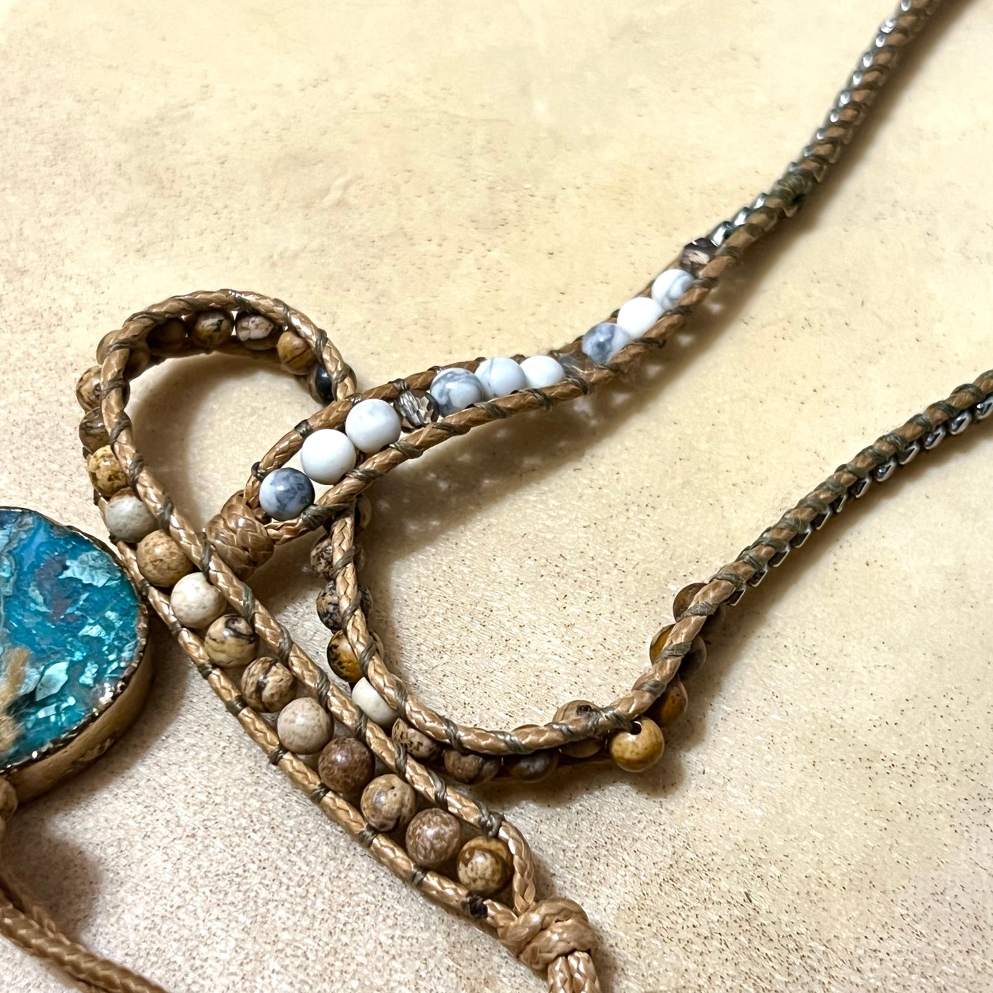 Chrysocolla Gemstone Wrap Bracelet with Jasper, Quartz, & Glass Accents