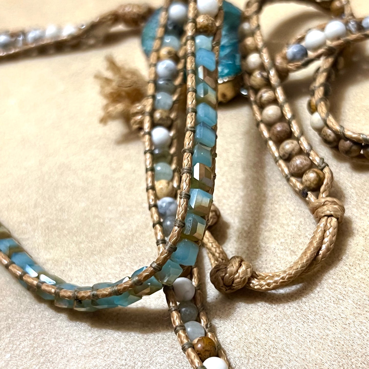 Chrysocolla Gemstone Wrap Bracelet with Jasper, Quartz, & Glass Accents