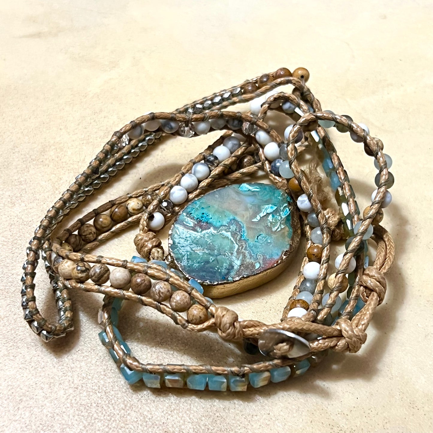 Chrysocolla Gemstone Wrap Bracelet with Jasper, Quartz, & Glass Accents