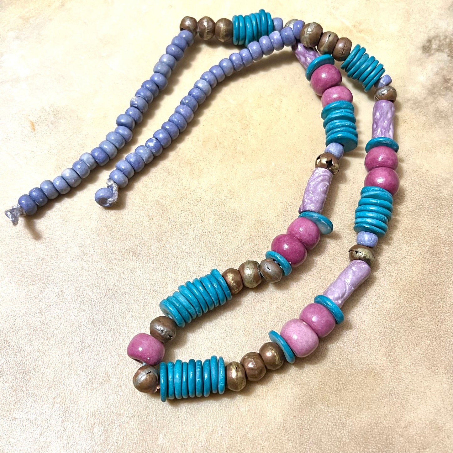 Turquoise, Pink, & Purple Clay & Brass Beaded Necklace - Vintage