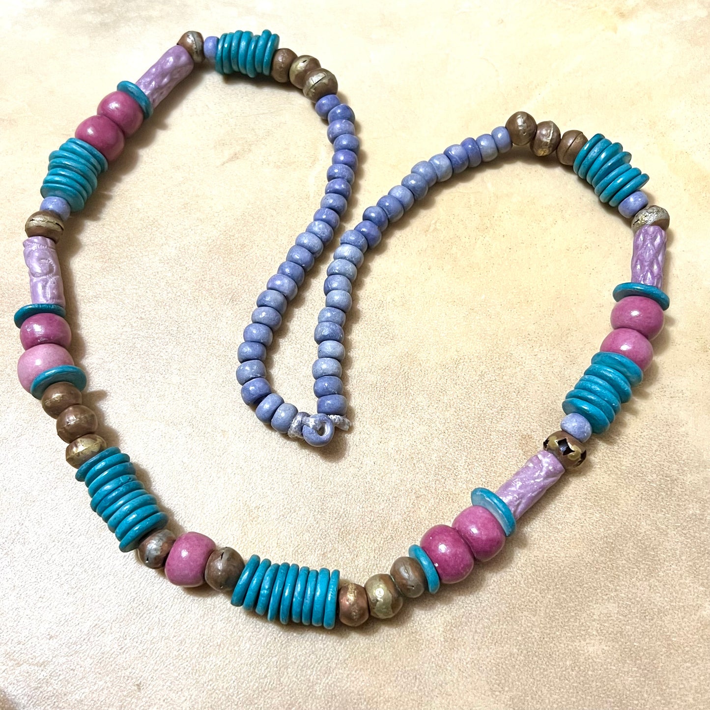 Turquoise, Pink, & Purple Clay & Brass Beaded Necklace - Vintage