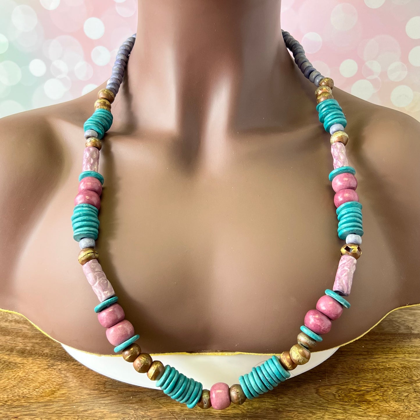 Turquoise, Pink, & Purple Clay & Brass Beaded Necklace - Vintage