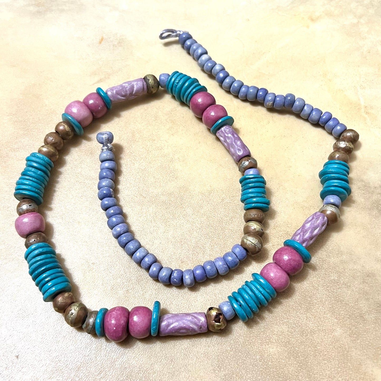 Turquoise, Pink, & Purple Clay & Brass Beaded Necklace - Vintage