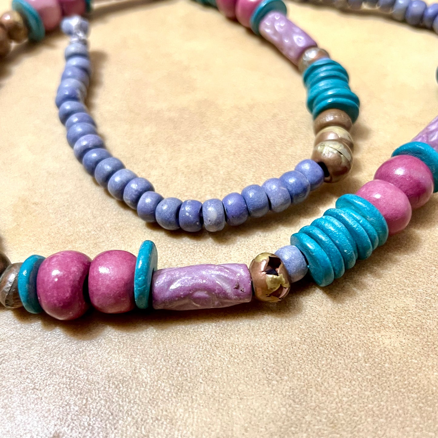 Turquoise, Pink, & Purple Clay & Brass Beaded Necklace - Vintage