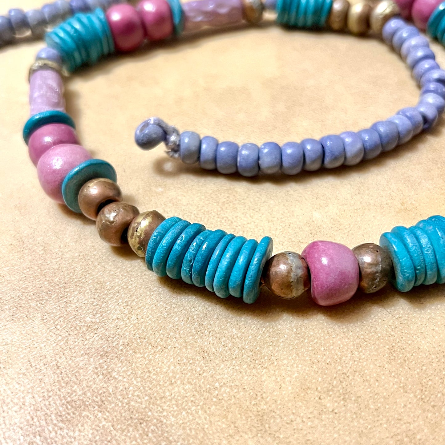 Turquoise, Pink, & Purple Clay & Brass Beaded Necklace - Vintage