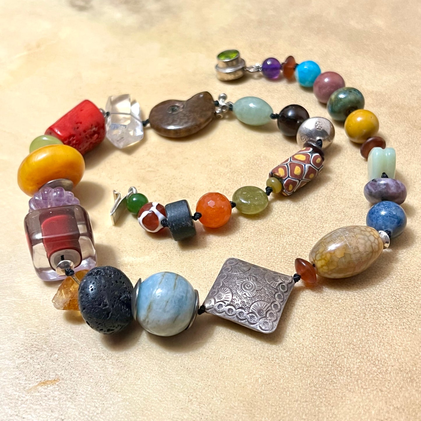 Colorful Mixed Gemstone Crystal Necklace in Sterling Silver