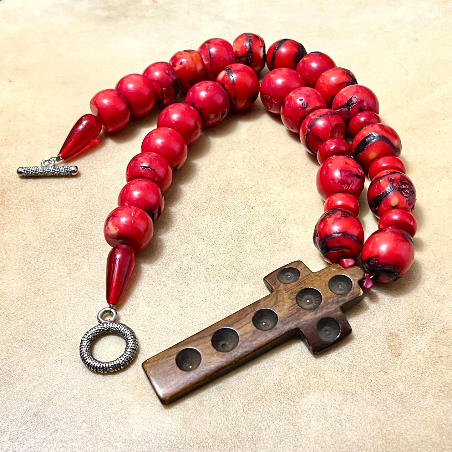 Red Coral & Stained Bovine Bone Cross Beaded Gemstone Necklace - Vintage