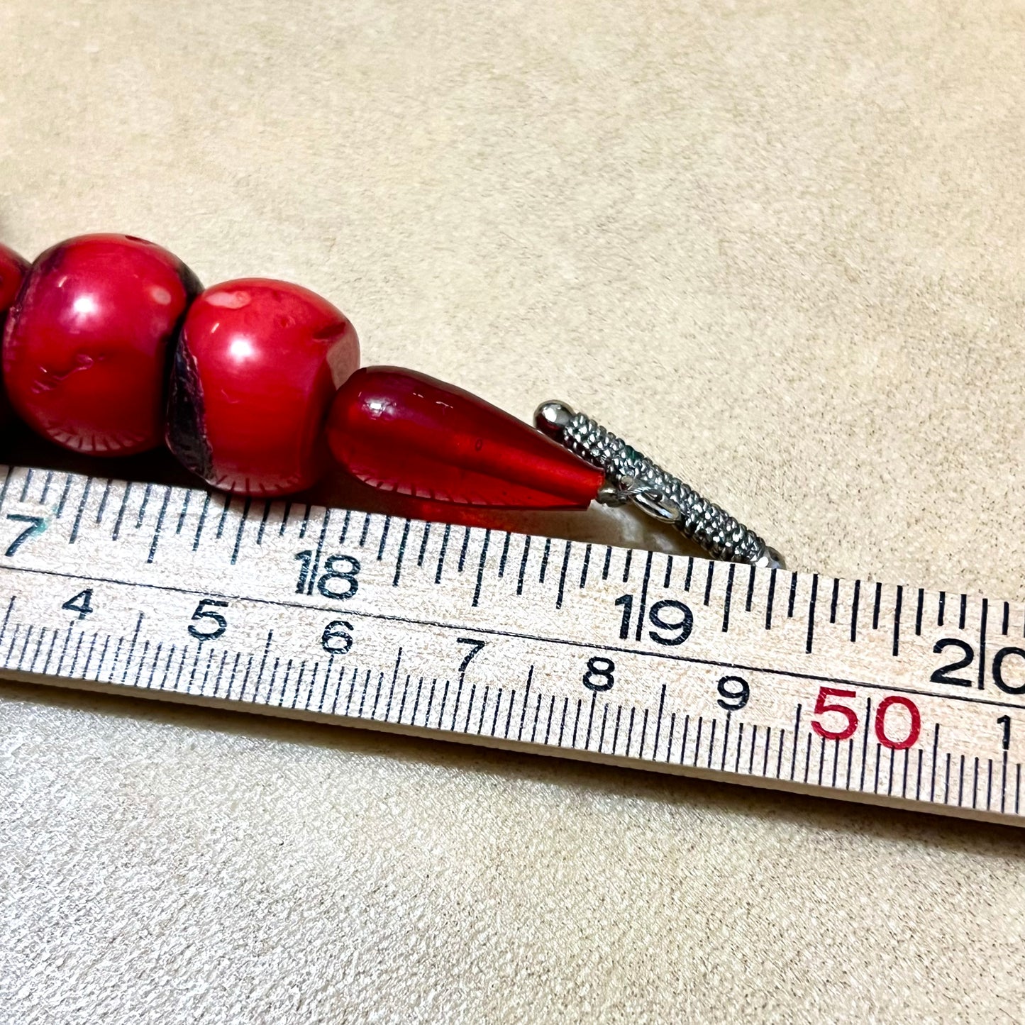 Red Coral & Stained Bovine Bone Cross Beaded Gemstone Necklace - Vintage