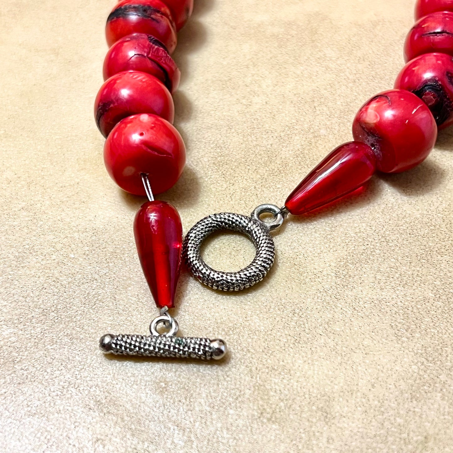 Red Coral & Stained Bovine Bone Cross Beaded Gemstone Necklace - Vintage