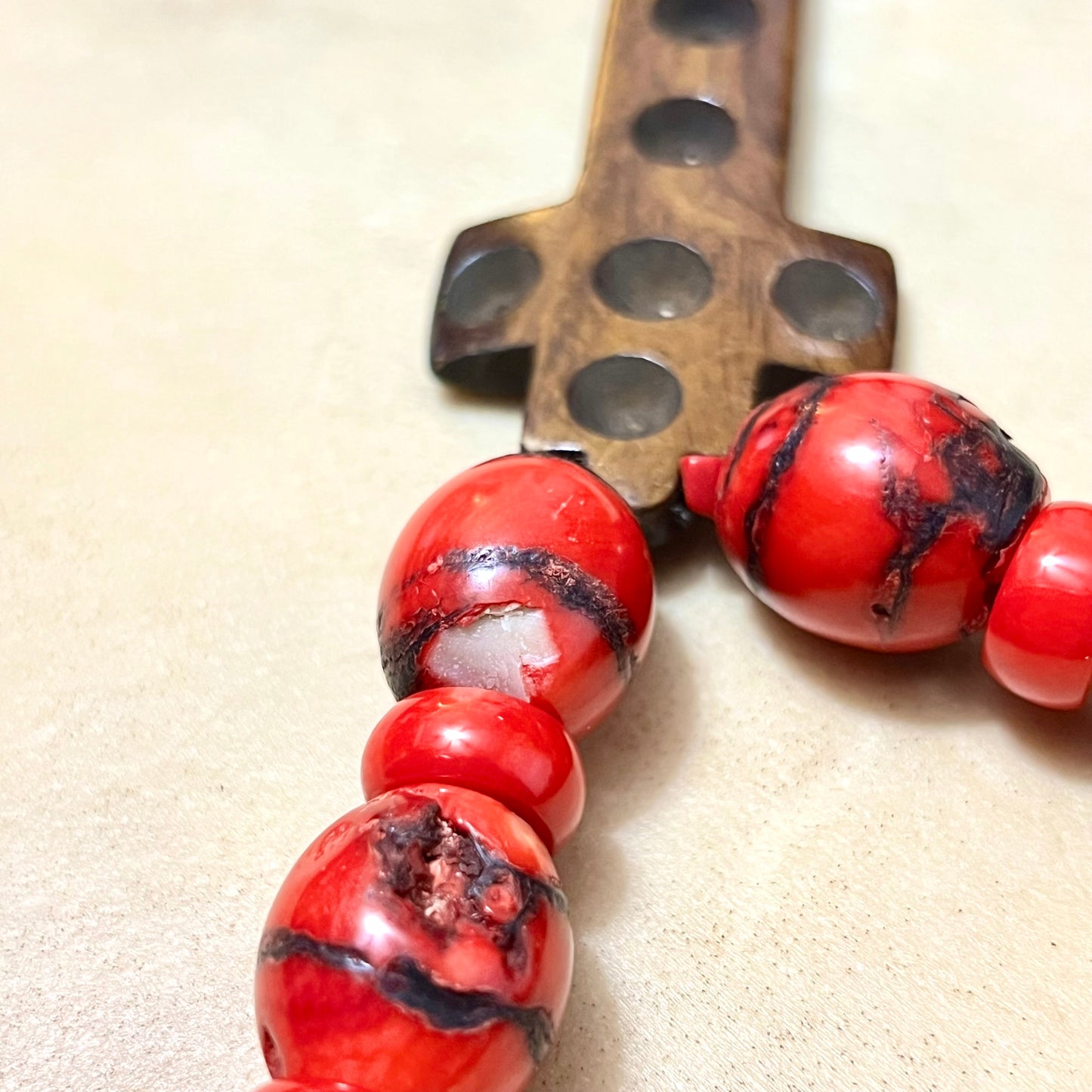 Red Coral & Stained Bovine Bone Cross Beaded Gemstone Necklace - Vintage