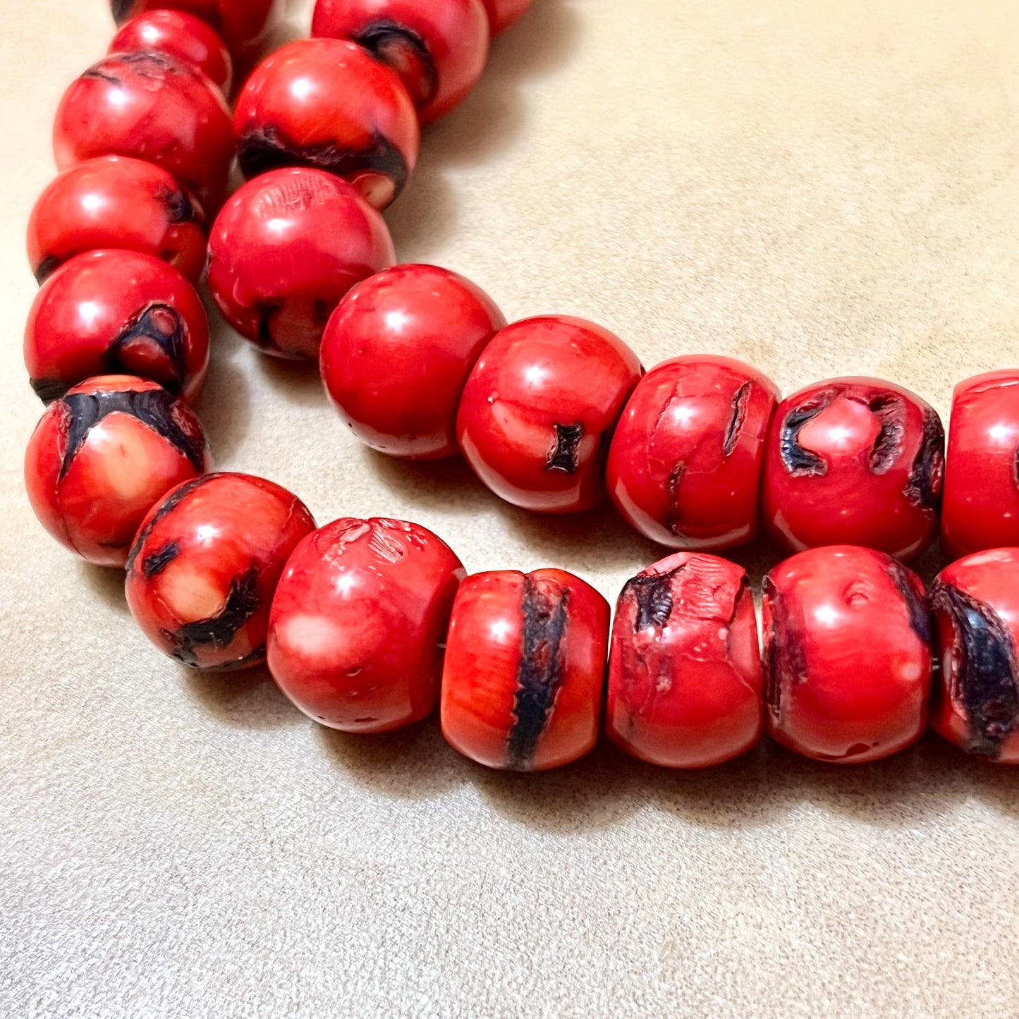 Red Coral & Stained Bovine Bone Cross Beaded Gemstone Necklace - Vintage