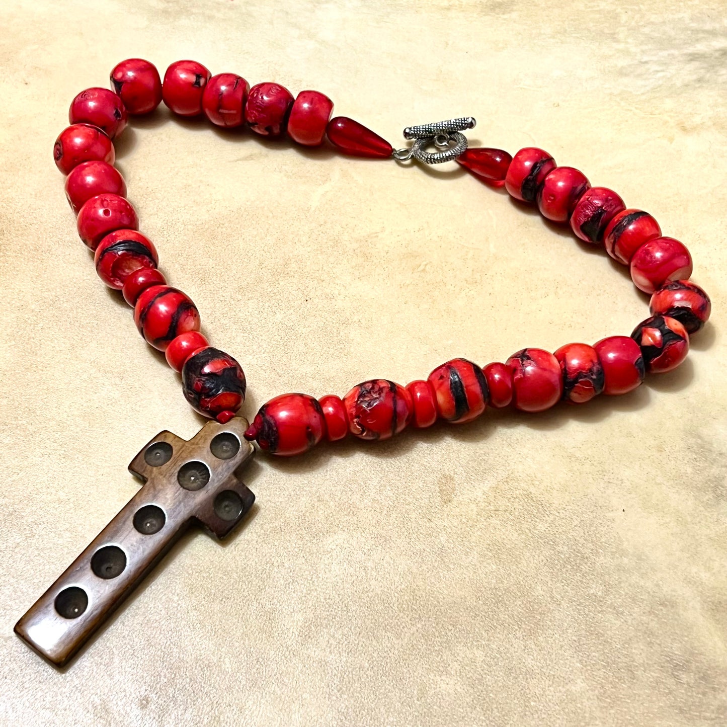 Red Coral & Stained Bovine Bone Cross Beaded Gemstone Necklace - Vintage