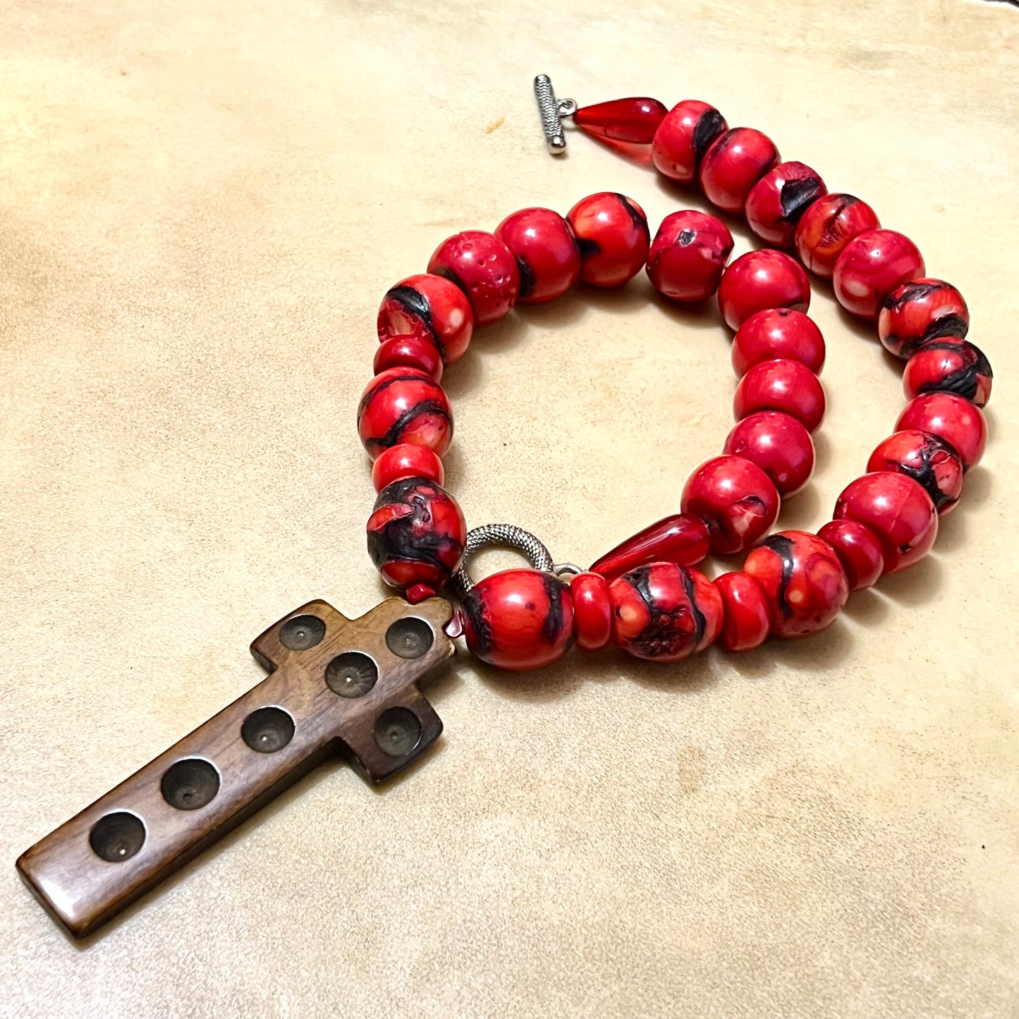 Red Coral & Stained Bovine Bone Cross Beaded Gemstone Necklace - Vintage