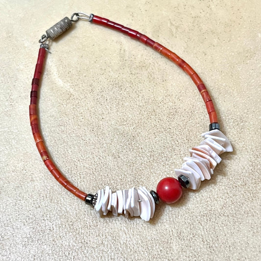 Red Coral & Shell Vintage Beaded Bracelet