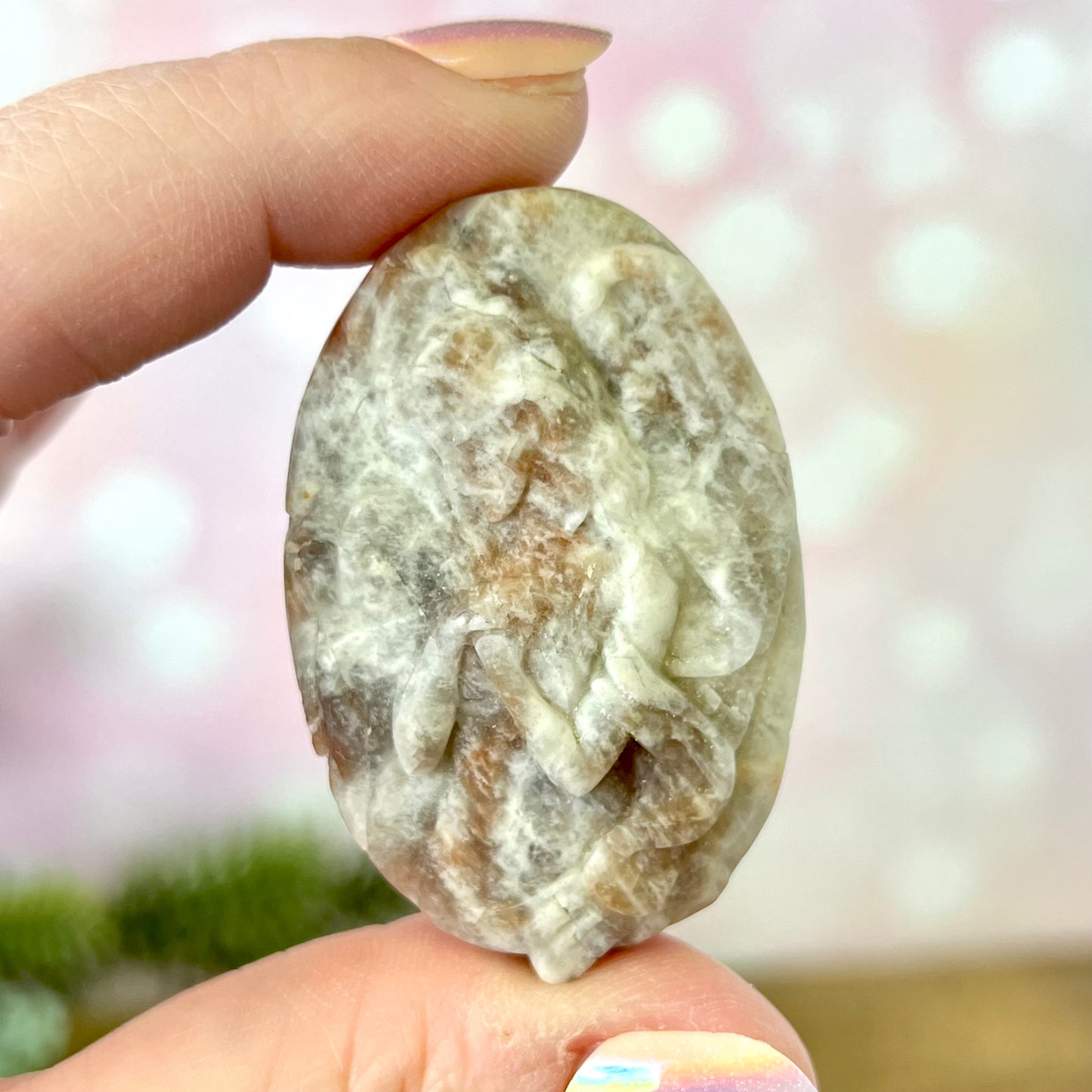Angel Praying Belomorite Sunstone in Moonstone Carved Cabochon
