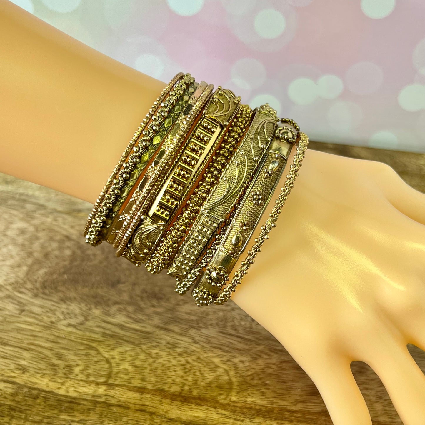 Vintage Gold Tone Bracelet Stack with 11 Textured Bangles