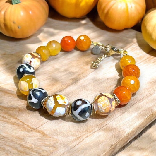 Pumpkin Spice Orange Agate & Bone Gold Tone Handmade Bracelet