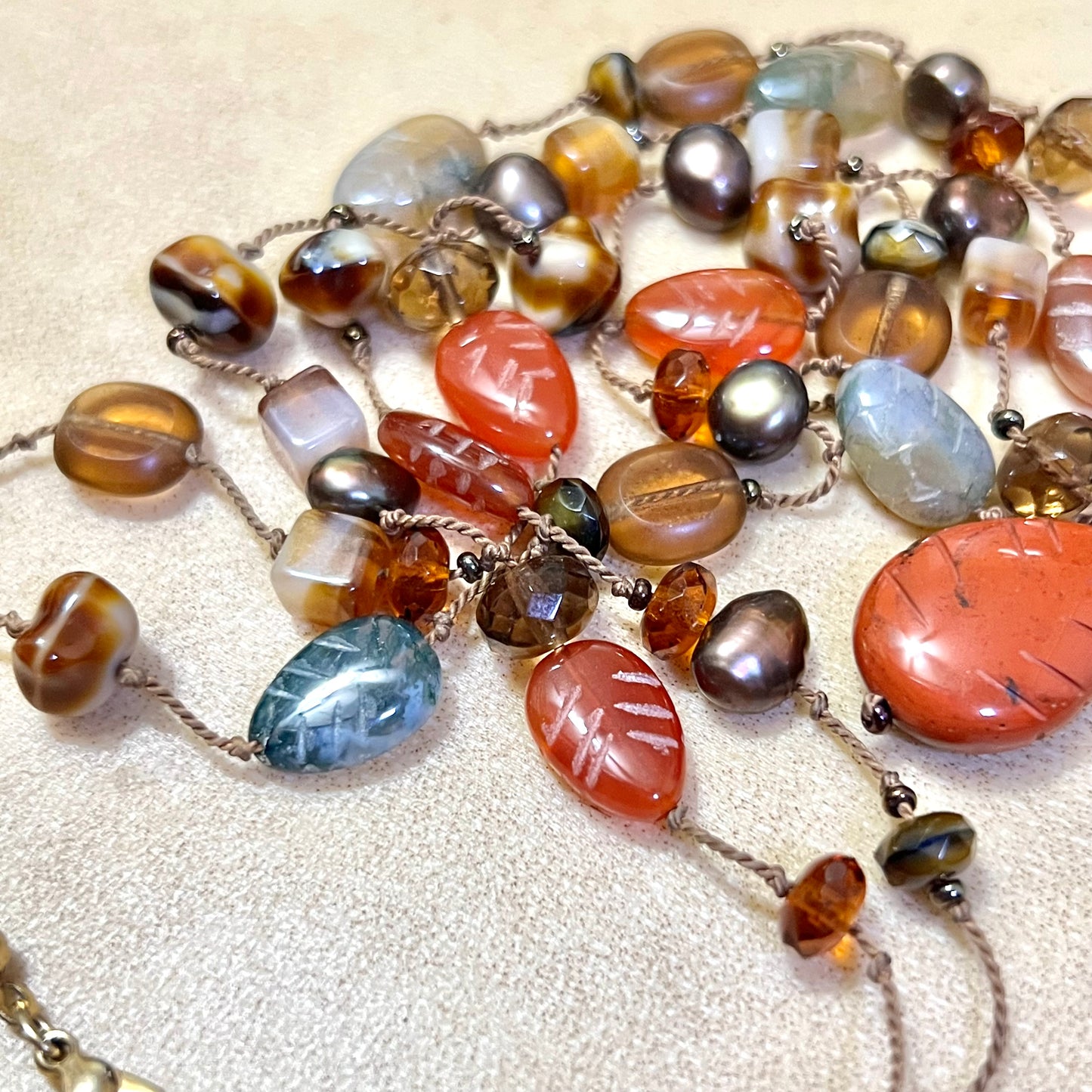 Red Jasper Carved Leaf Vintage Beaded Necklace