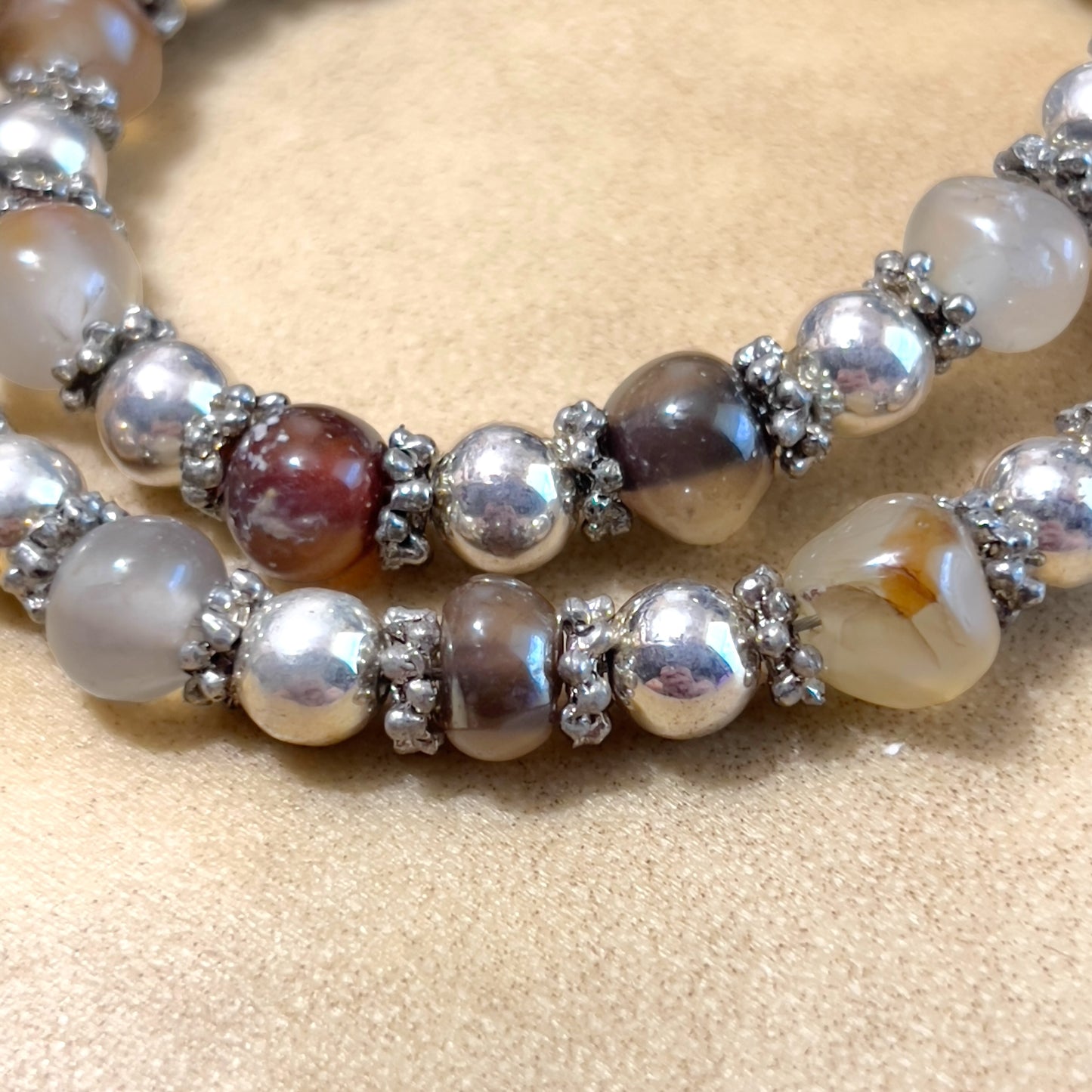Vintage Carnelian & Agate Beaded Adjustable Silver Tone Necklace