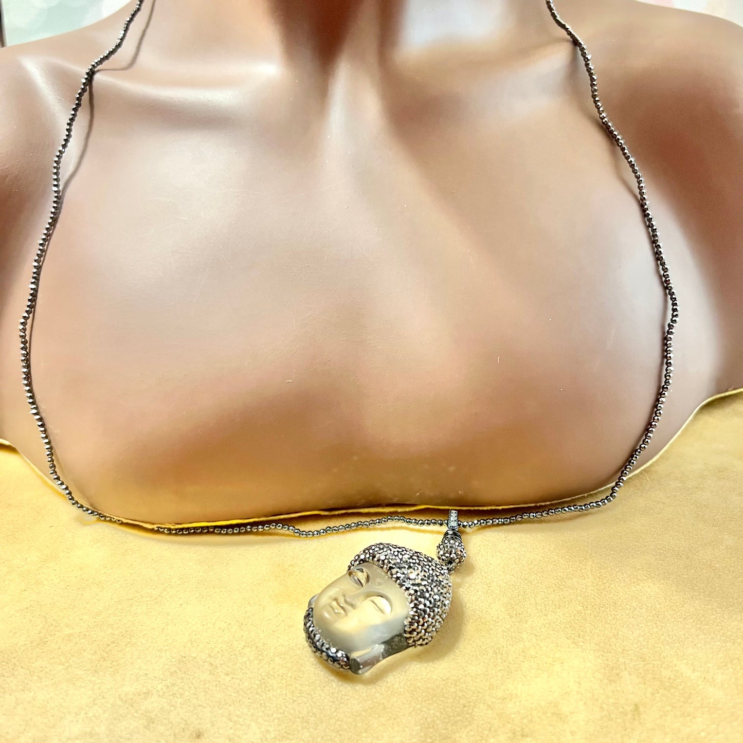 Clear Buddha Head Pave Pendant on Beaded Cord with Sterling Silver Clasp