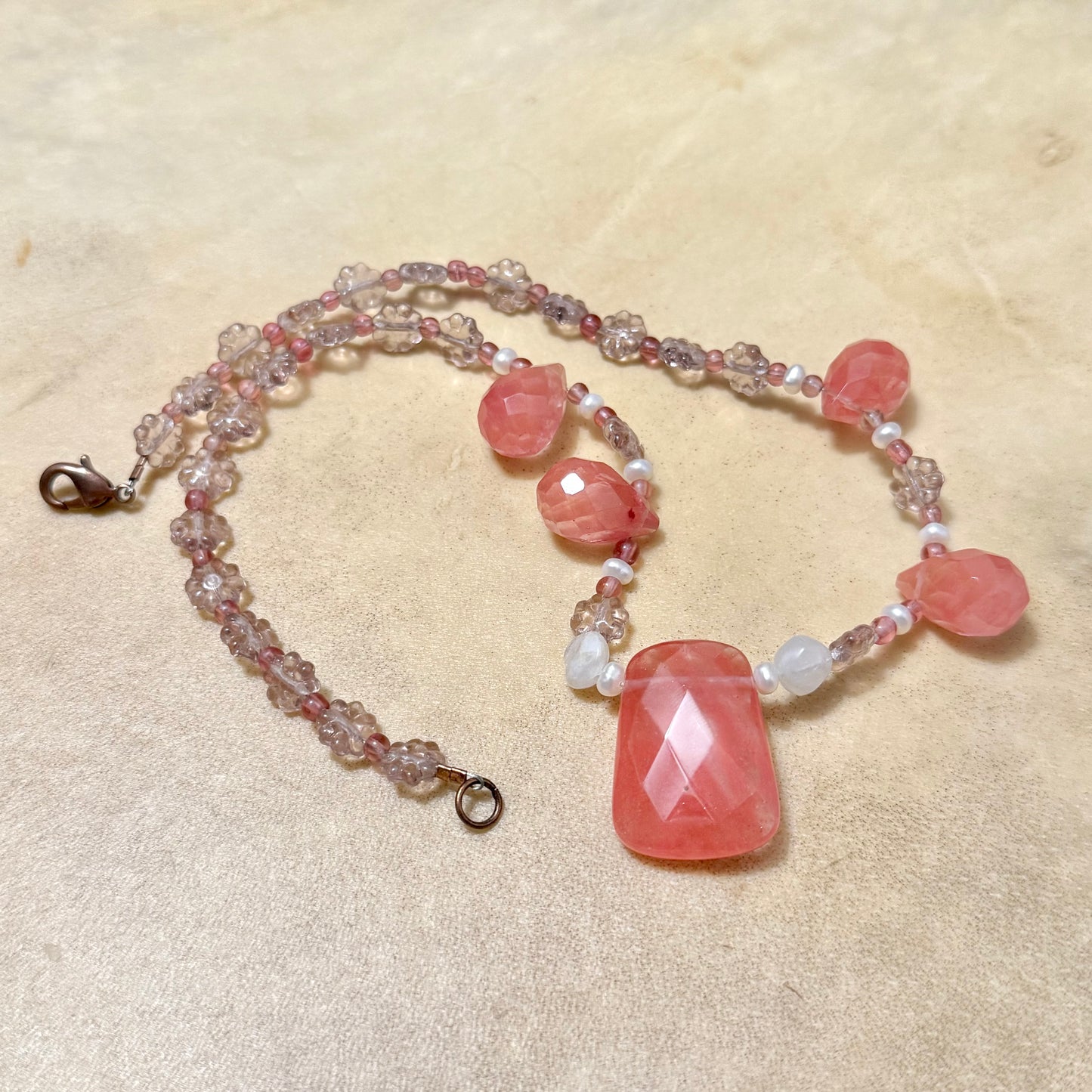Cherry Quartz and Moonstone Flower Beaded Vintage Necklace