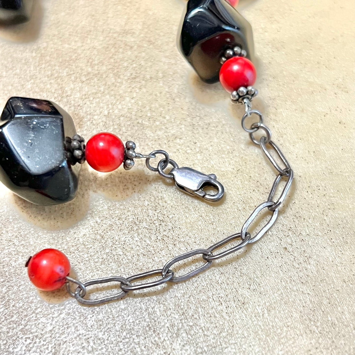 Smoky Quartz & Coral Sterling Silver Vintage Necklace