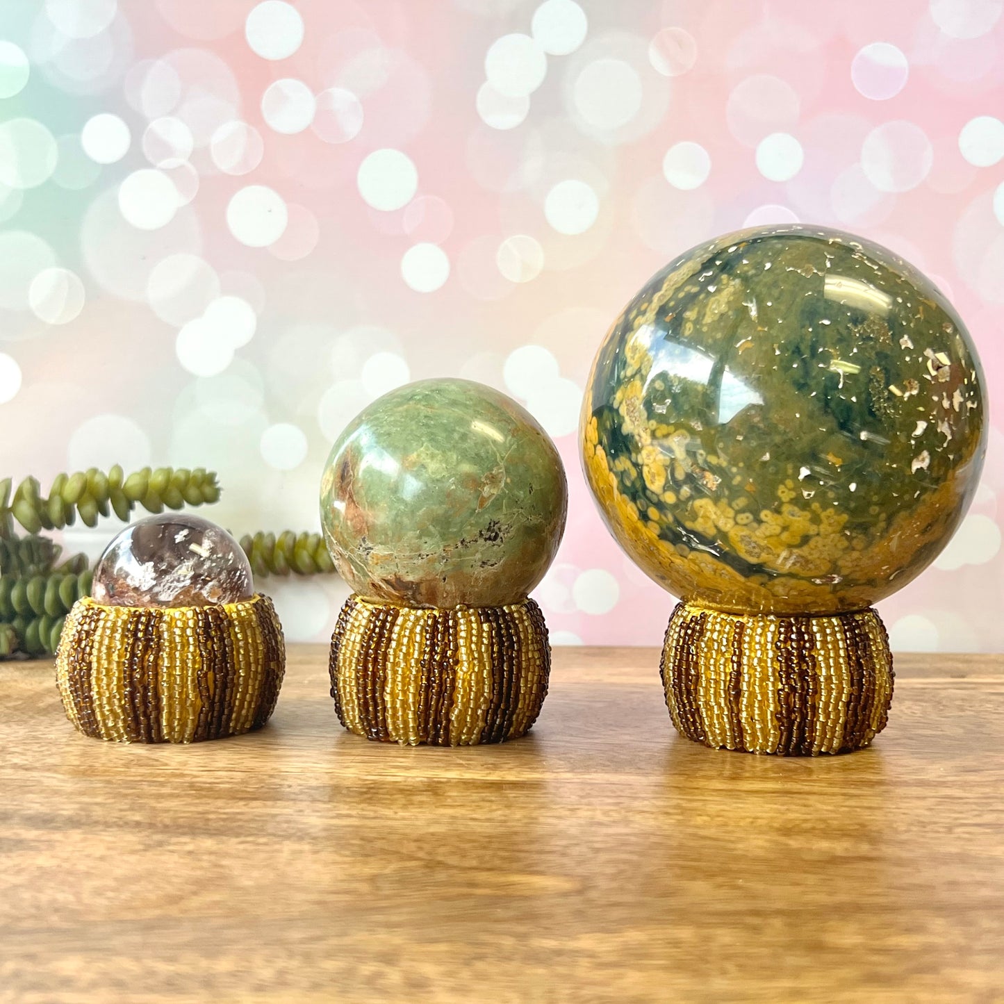 Gold and Brown Seed Beaded Crystal Sphere Holder