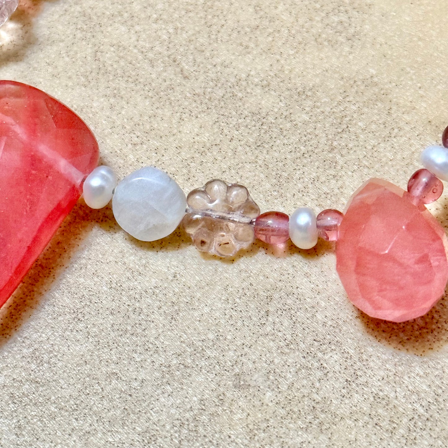 Cherry Quartz and Moonstone Flower Beaded Vintage Necklace