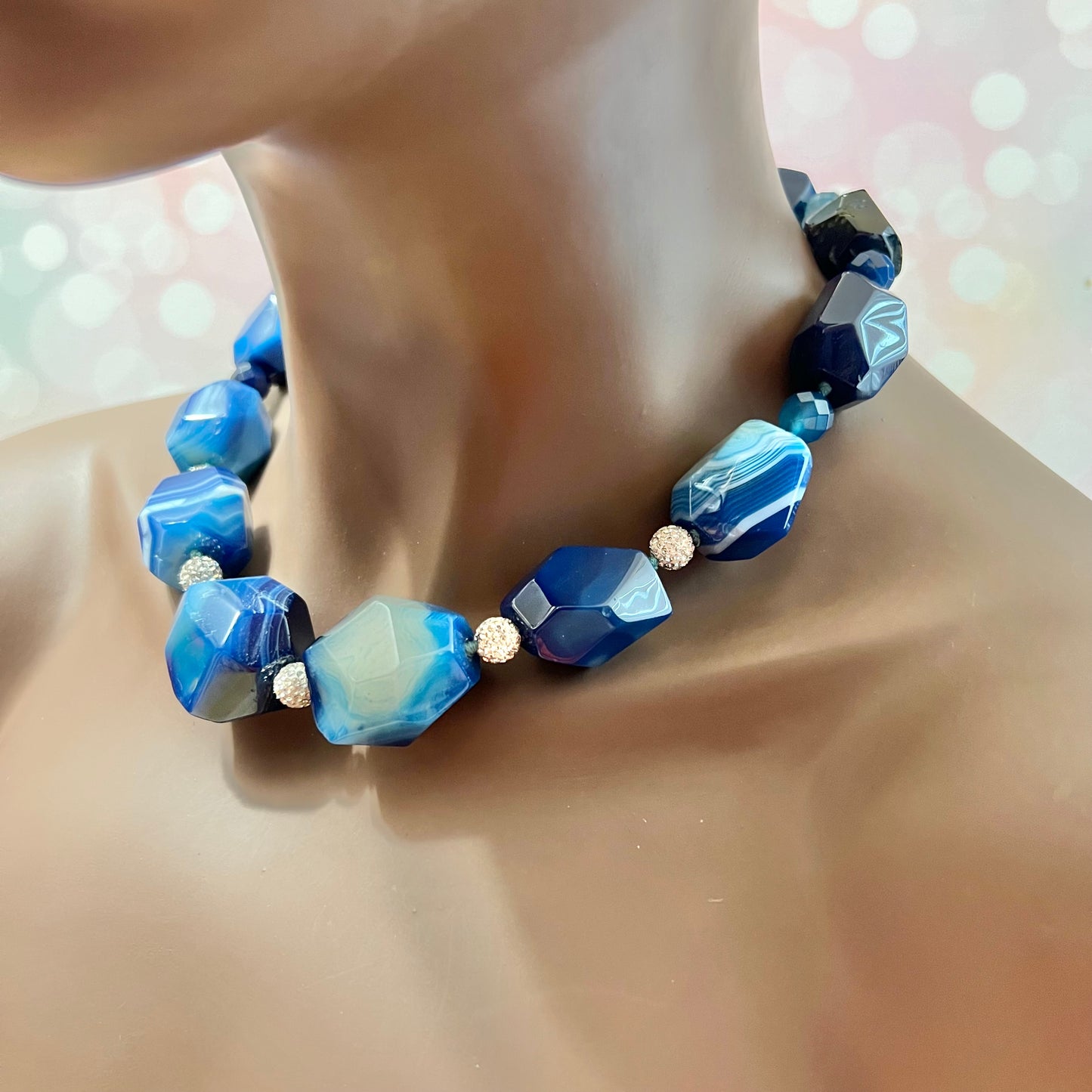 Chunky Blue Agate Vintage Beaded Sterling Silver Necklace