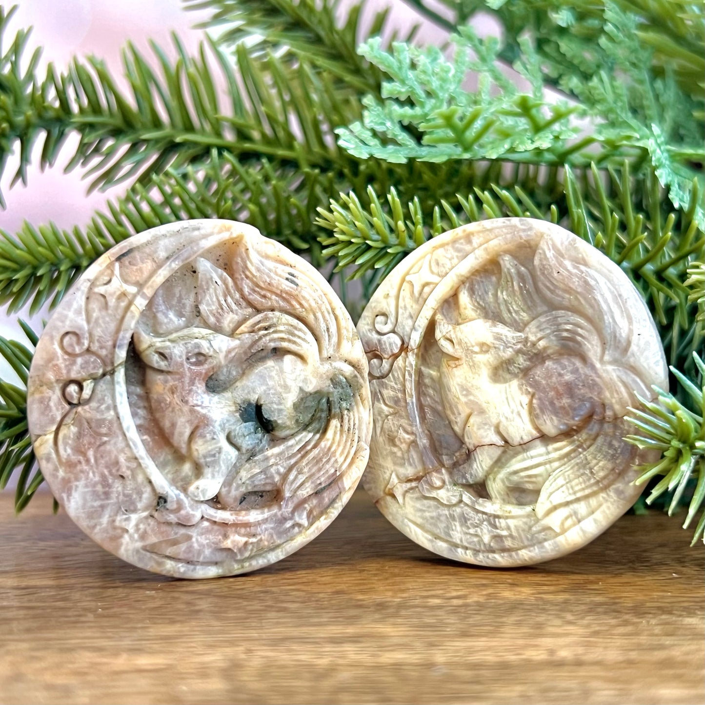 Kitsune Nine Tailed Fox on Celtic Crescent Moon Crystal Carved Cabochon