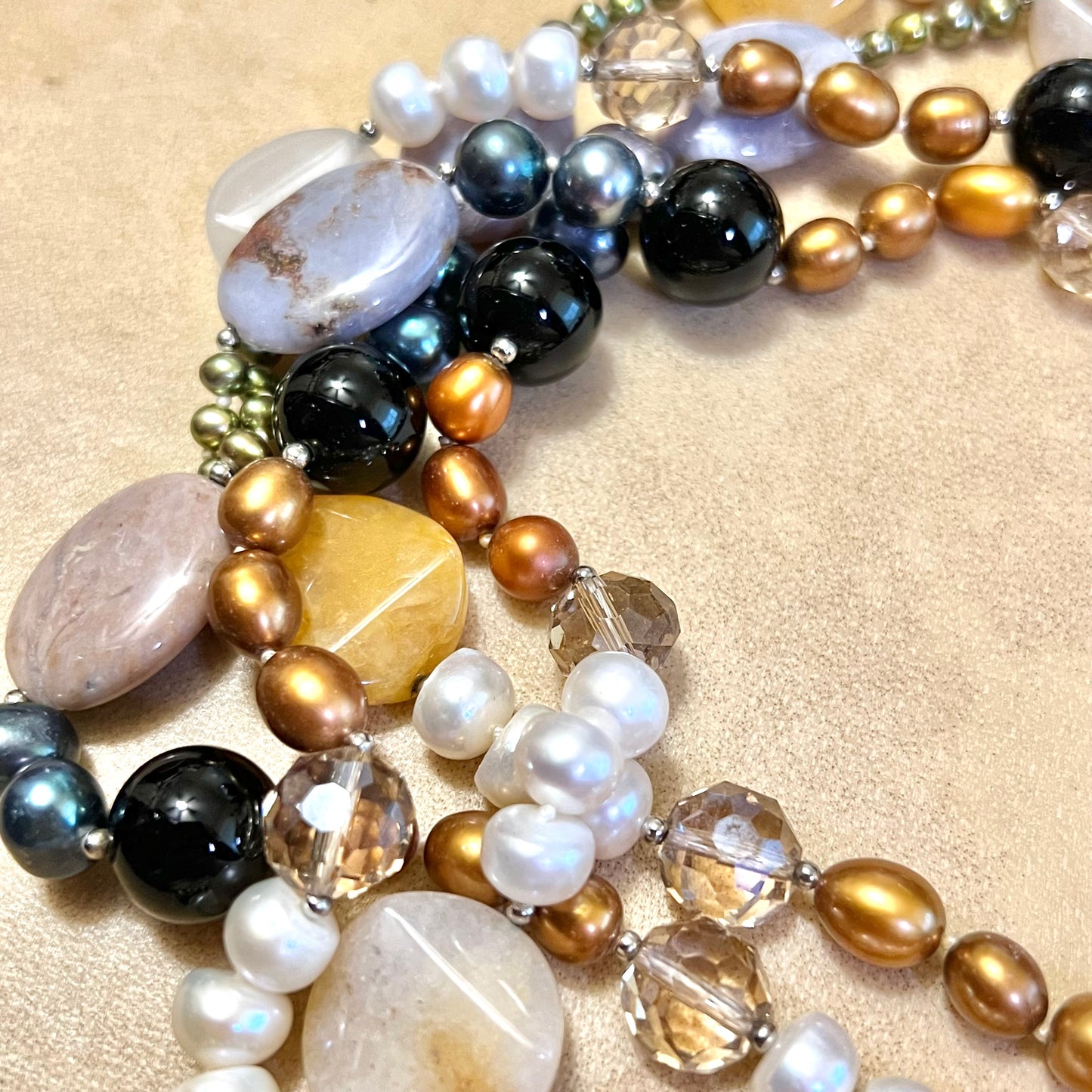 Vintage Colorful Pearl & Agate Gemstone Beaded Necklace with Sterling Silver Clasp