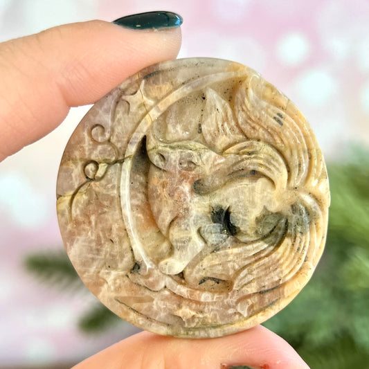 Kitsune Nine Tailed Fox on Celtic Crescent Moon Crystal Carved Cabochon