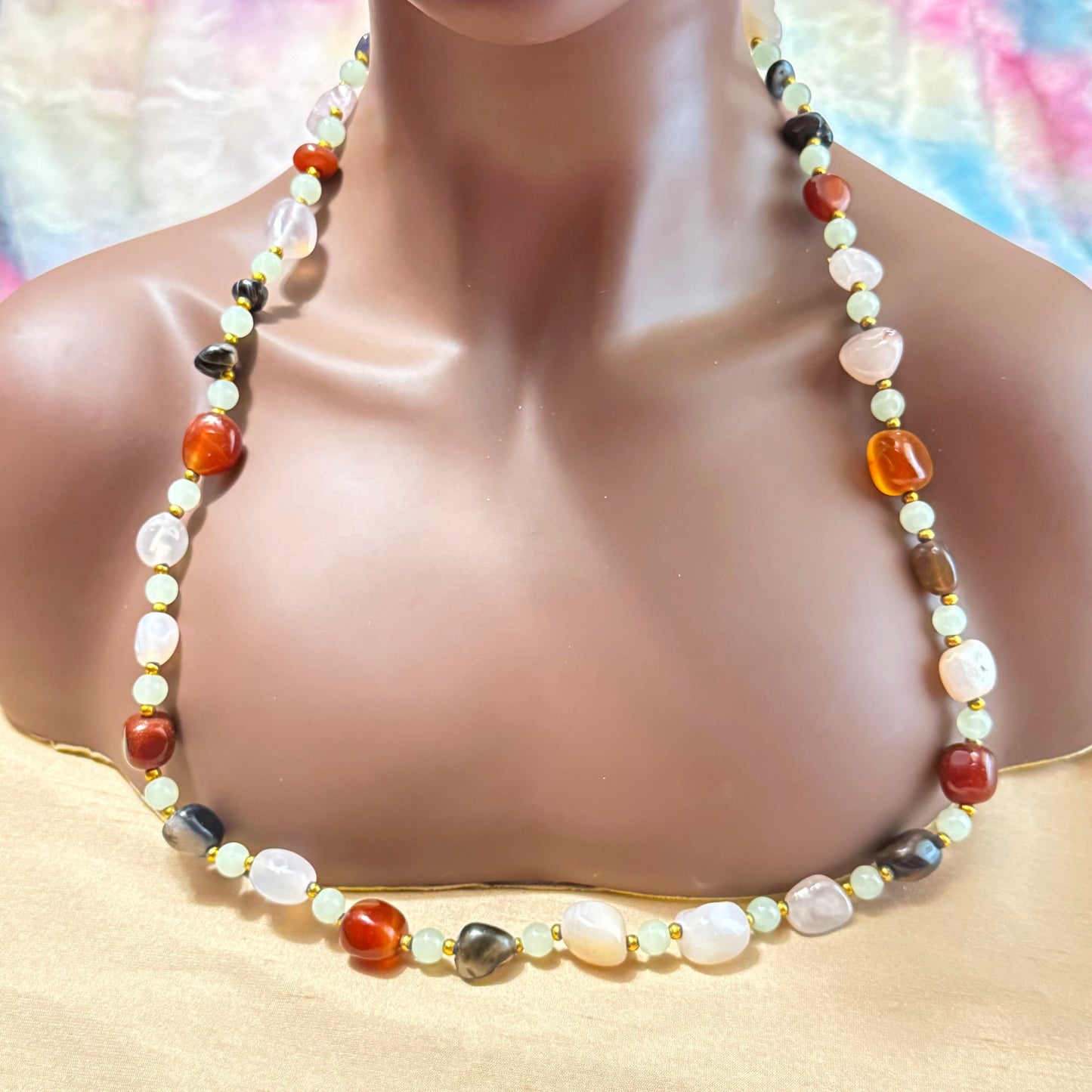 1960s Vintage Gemstone Beggars Beads with Green Glass Accents