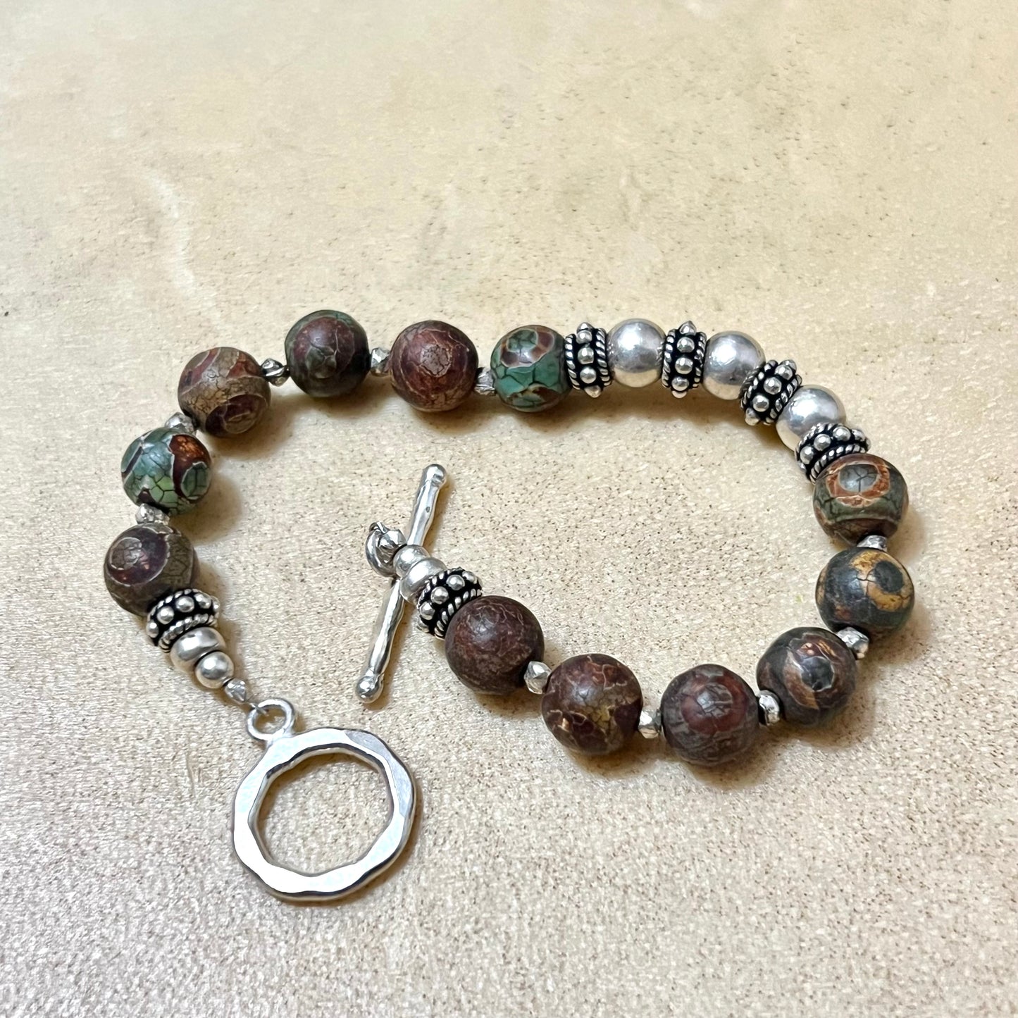 Dzi Eye Agate Beaded Vintage Bracelet with Silver Tone Accents