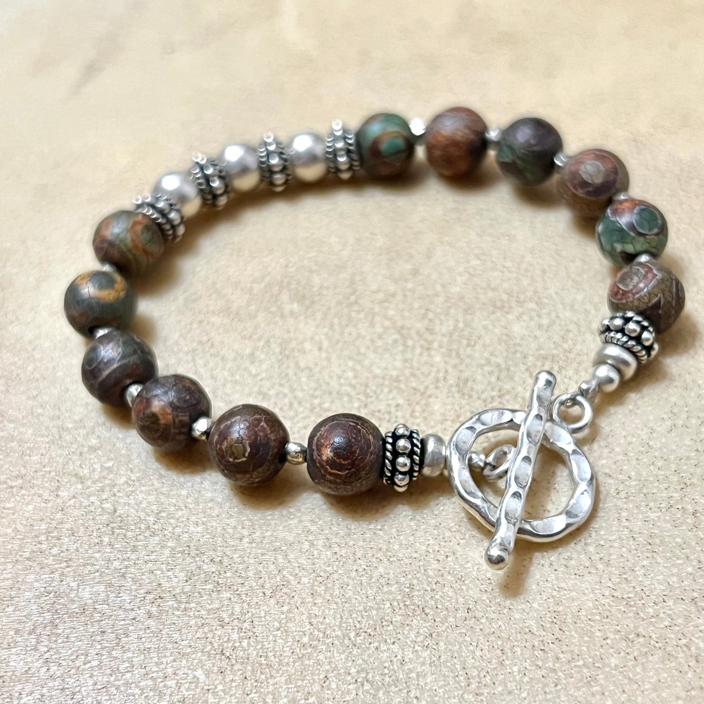 Dzi Eye Agate Beaded Vintage Bracelet with Silver Tone Accents