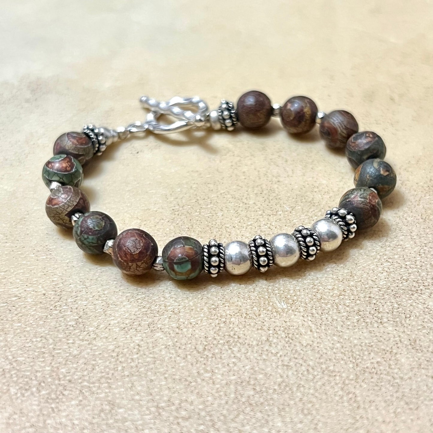 Dzi Eye Agate Beaded Vintage Bracelet with Silver Tone Accents