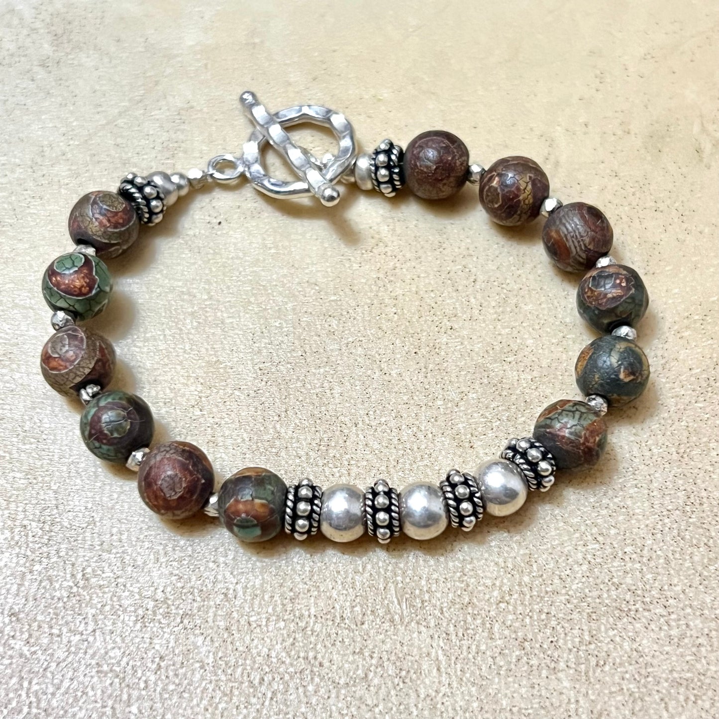 Dzi Eye Agate Beaded Vintage Bracelet with Silver Tone Accents