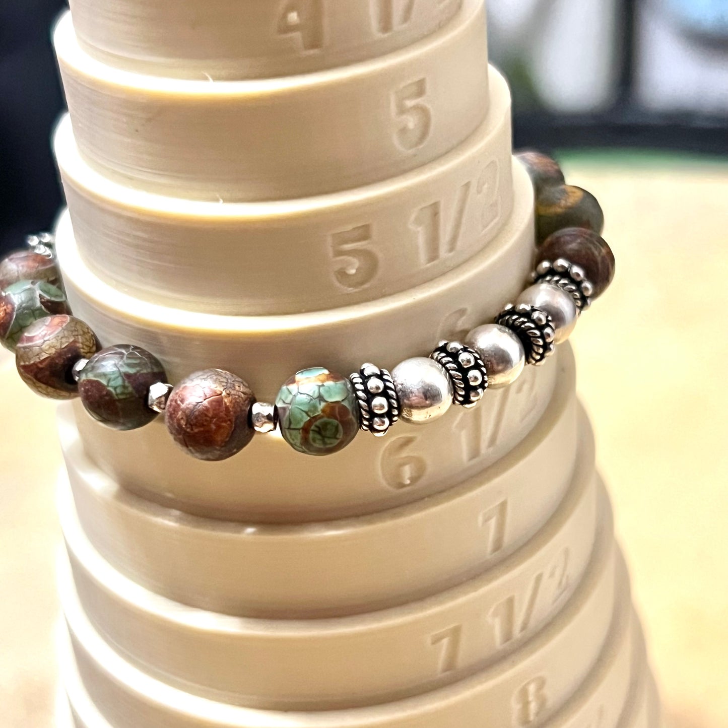 Dzi Eye Agate Beaded Vintage Bracelet with Silver Tone Accents