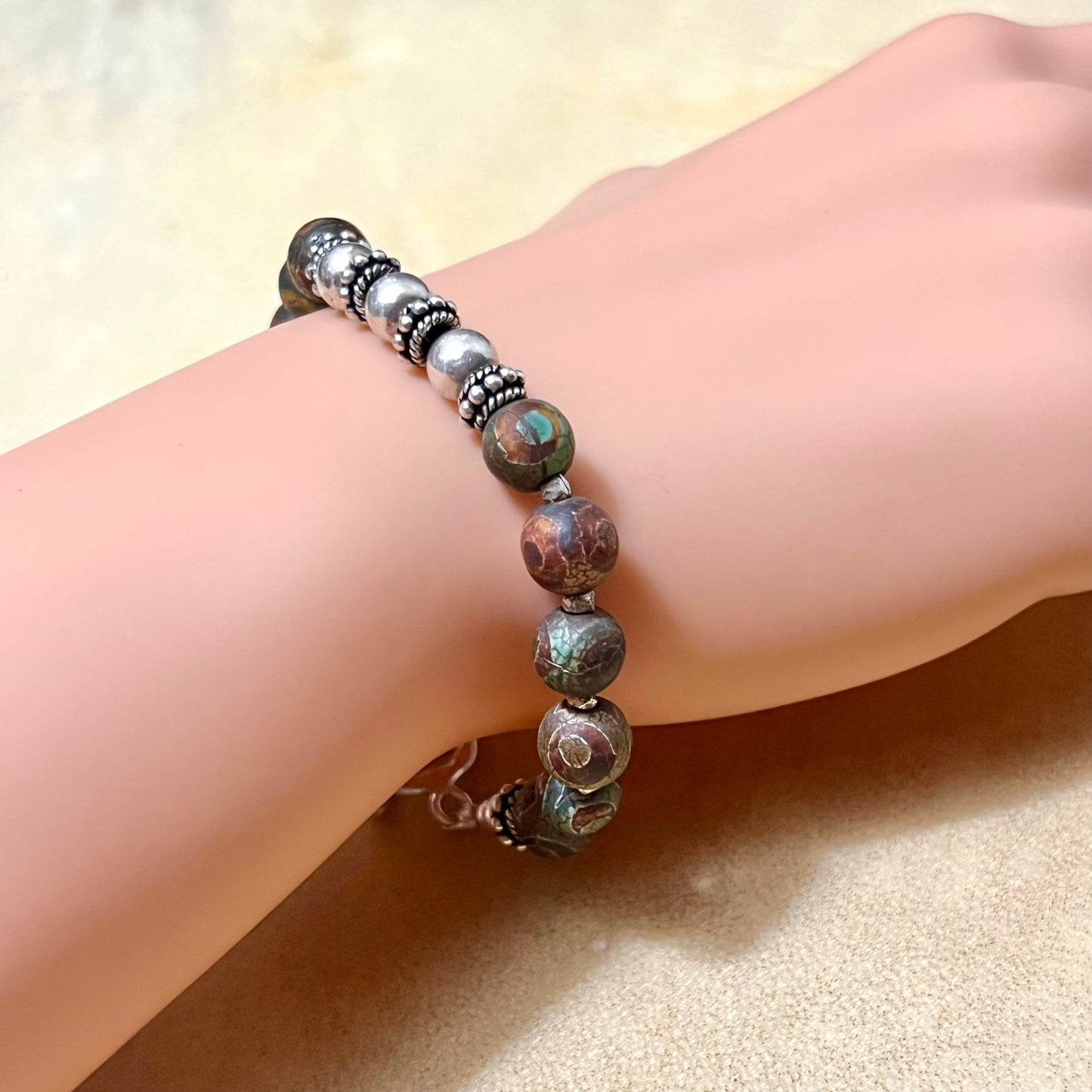 Dzi Eye Agate Beaded Vintage Bracelet with Silver Tone Accents
