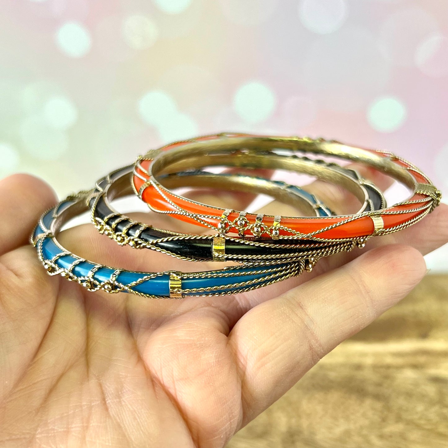 Vintage Colorful Bracelet Stack in Gold Tone with 3 Bangles