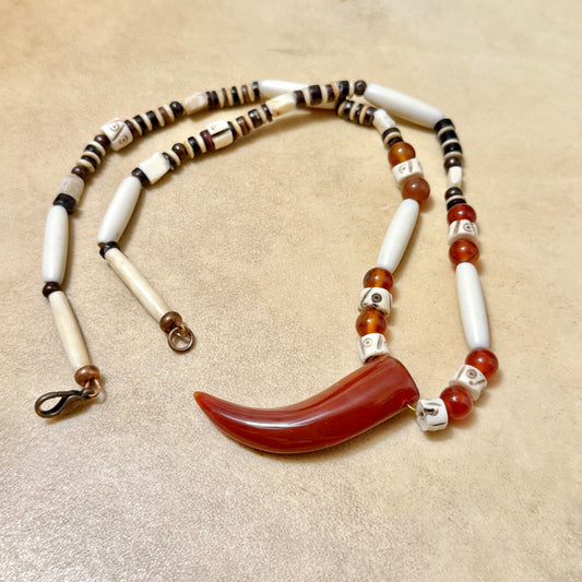 Vintage Handmade Copper Bone & Carnelian Tooth Necklace