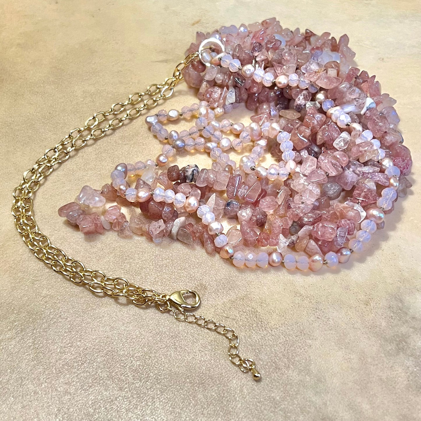 Strawberry Quartz & Cultured Pearl Multi Strand Vintage Necklace