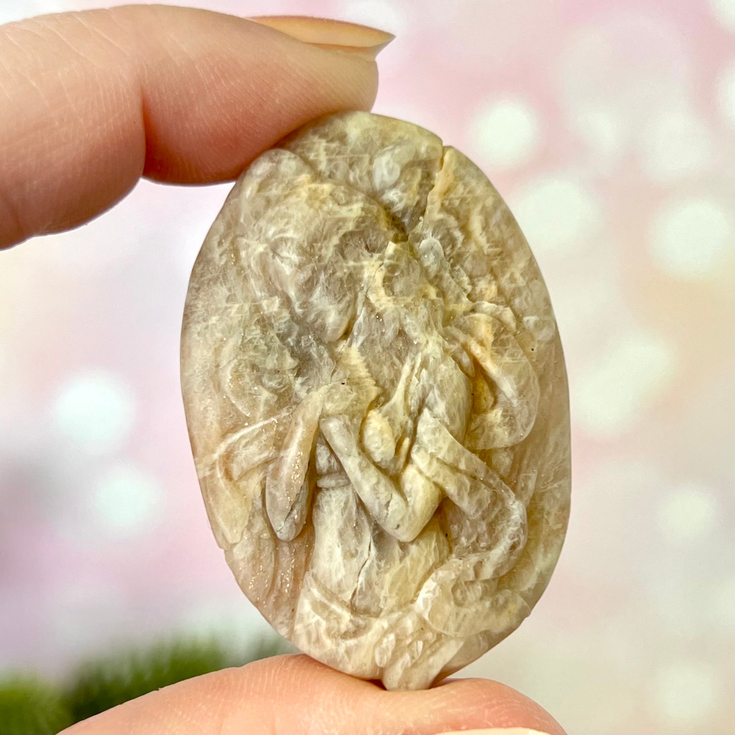 Angel Praying Belomorite Sunstone in Moonstone Carved Cabochon