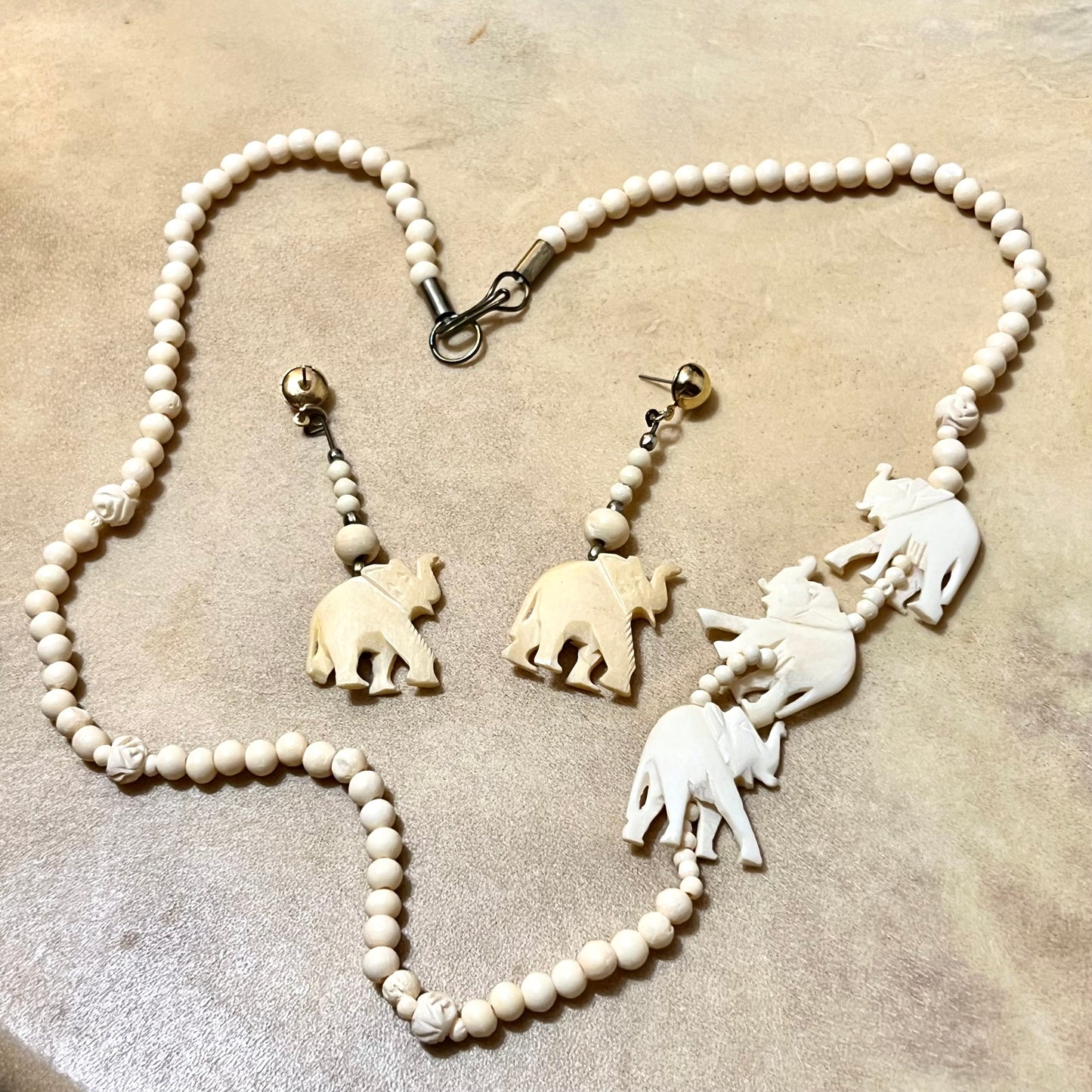 Vintage Bovine Bone Elephant Carved Necklace & Earrings Set