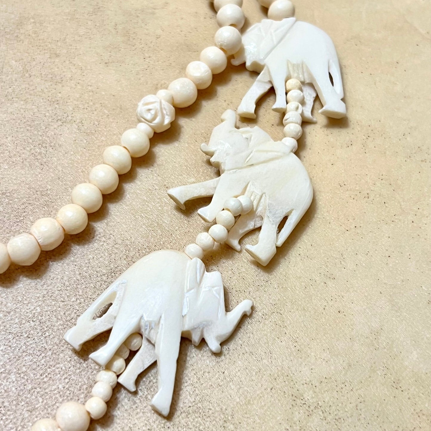 Vintage Bovine Bone Elephant Carved Necklace & Earrings Set