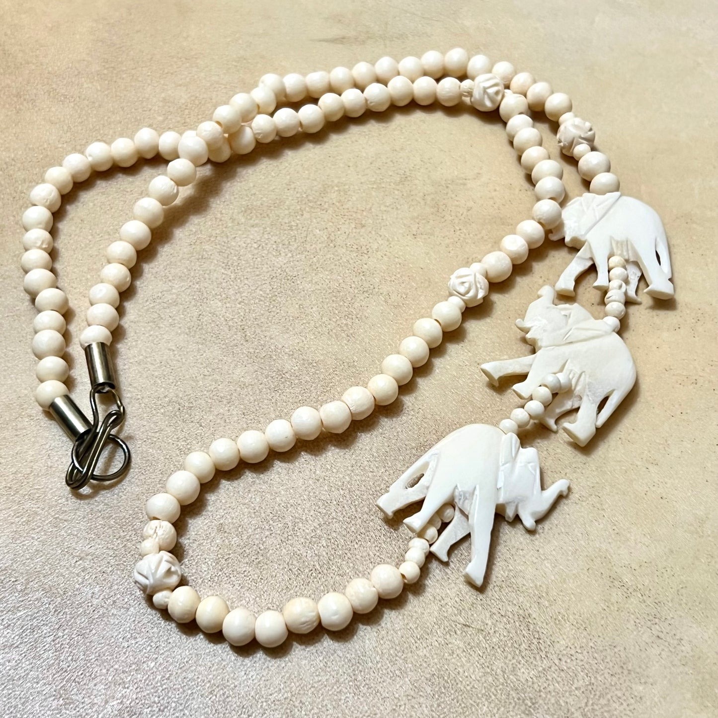 Vintage Bovine Bone Elephant Carved Necklace & Earrings Set